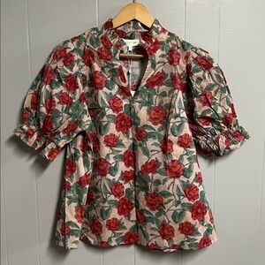 NWT Entro Red Floral Blouse with Puff Sleeves New with Tags Short Sleeve